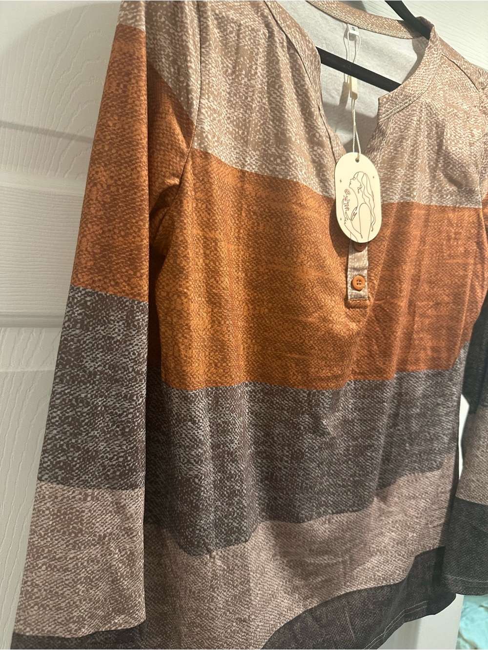 Men's Striped Henley Sweater in Rust and Gray